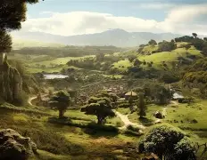 A serene view of the Hobbiton movie set, bathed in golden hour light