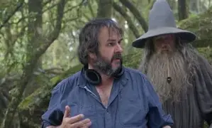 Peter Jackson with cast members during The Hobbit trilogy production